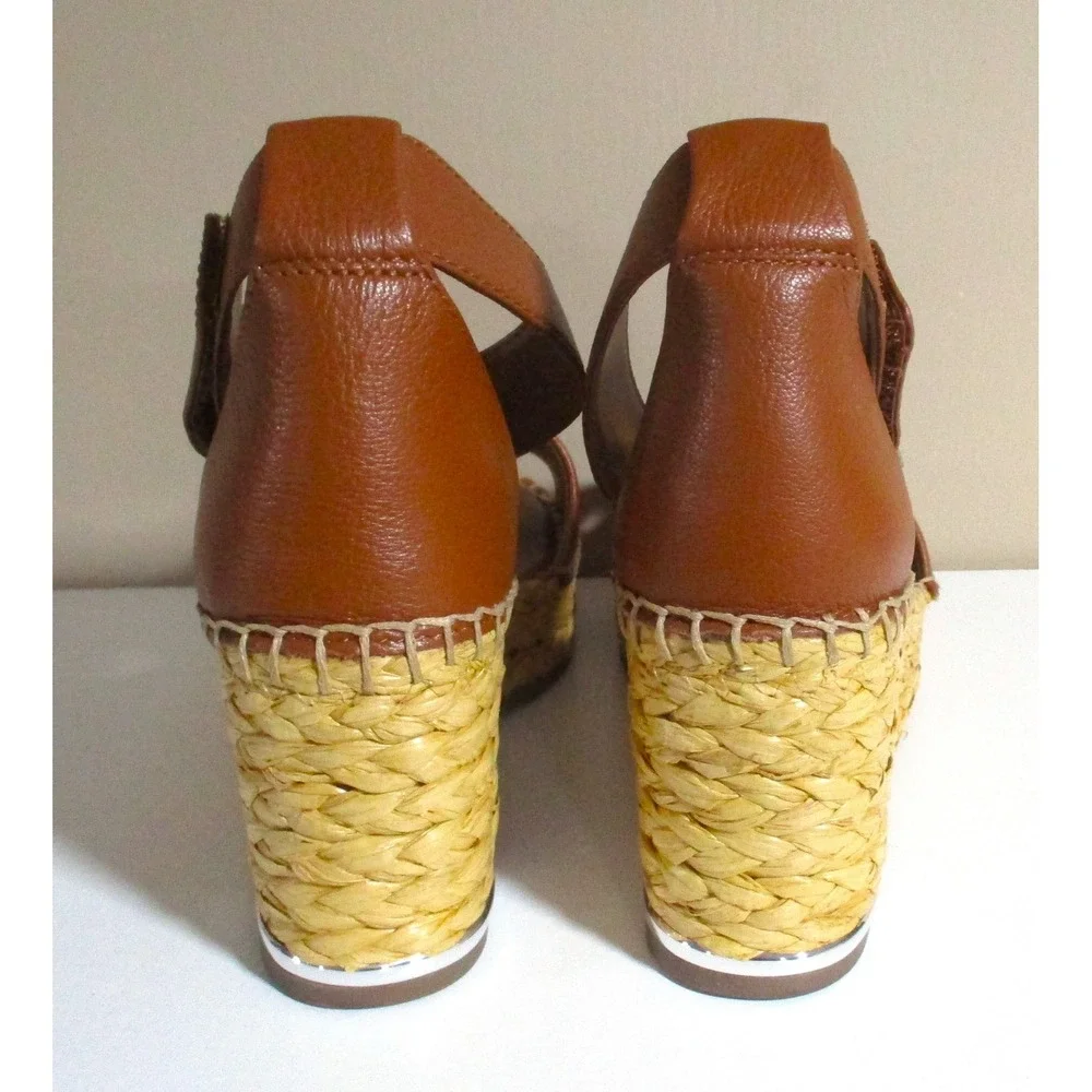Franco Sarto Womens Cognac Leather Espadrille Wedge Sandals Brown Size 7M